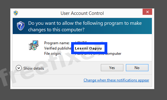 Screenshot where Leseni Oapyu appears as the verified publisher in the UAC dialog